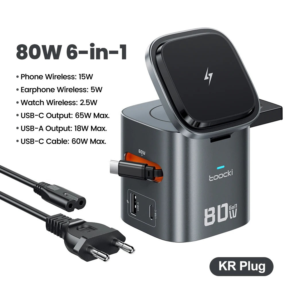 Toocki 80W 6-in-1 GaN Charging Station for Magsafe 15W PD 65W Retractable 60W Cable Wireless Charger for Macbook iPhone 17 16