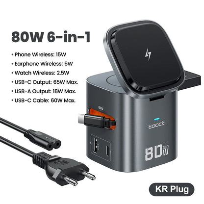 Toocki 80W 6-in-1 GaN Charging Station for Magsafe 15W PD 65W Retractable 60W Cable Wireless Charger for Macbook iPhone 17 16