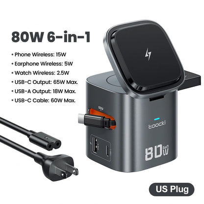 Toocki 80W 6-in-1 GaN Charging Station for Magsafe 15W PD 65W Retractable 60W Cable Wireless Charger for Macbook iPhone 17 16