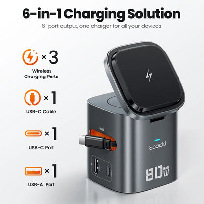 Toocki 80W 6-in-1 GaN Charging Station for Magsafe 15W PD 65W Retractable 60W Cable Wireless Charger for Macbook iPhone 17 16