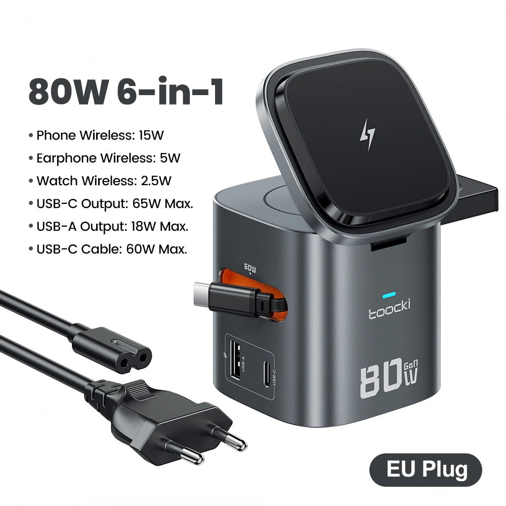 Toocki 80W 6-in-1 GaN Charging Station for Magsafe 15W PD 65W Retractable 60W Cable Wireless Charger for Macbook iPhone 17 16