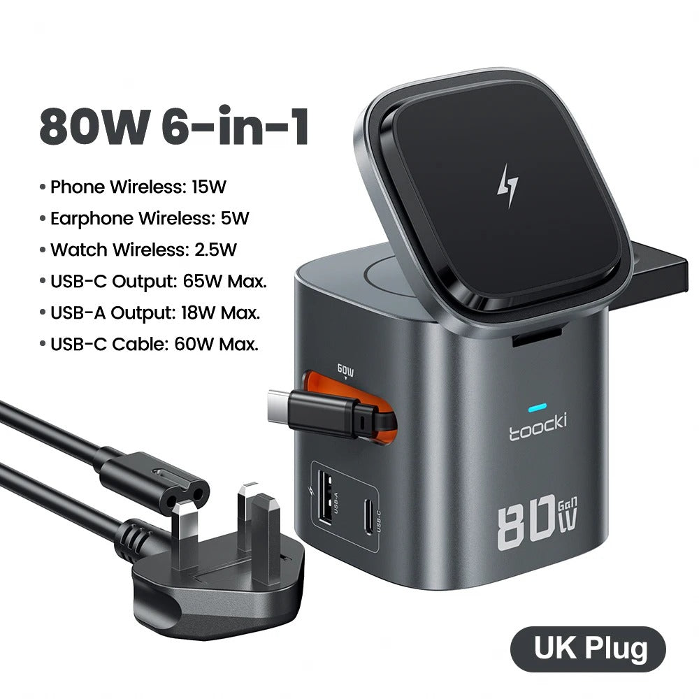 Toocki 80W 6-in-1 GaN Charging Station for Magsafe 15W PD 65W Retractable 60W Cable Wireless Charger for Macbook iPhone 17 16