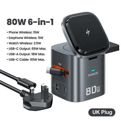 Toocki 80W 6-in-1 GaN Charging Station for Magsafe 15W PD 65W Retractable 60W Cable Wireless Charger for Macbook iPhone 17 16