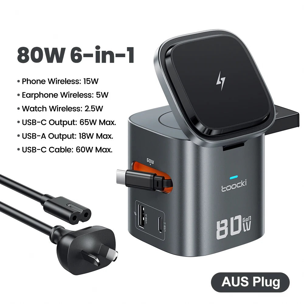 Toocki 80W 6-in-1 GaN Charging Station for Magsafe 15W PD 65W Retractable 60W Cable Wireless Charger for Macbook iPhone 17 16