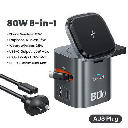 Toocki 80W 6-in-1 GaN Charging Station for Magsafe 15W PD 65W Retractable 60W Cable Wireless Charger for Macbook iPhone 17 16